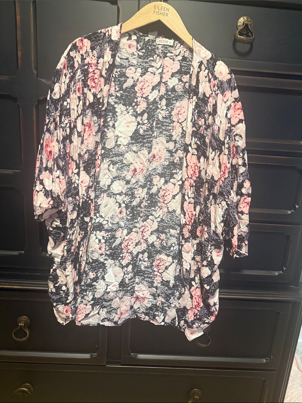 Floral Open-Front Kimono Jacket in Black and Pink